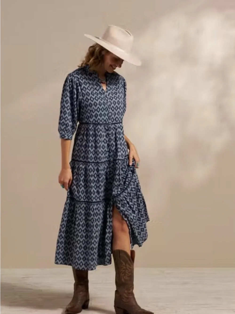 Tecovas Tiered Midi Dress in Navy Geo Print - Picture 1 of 7